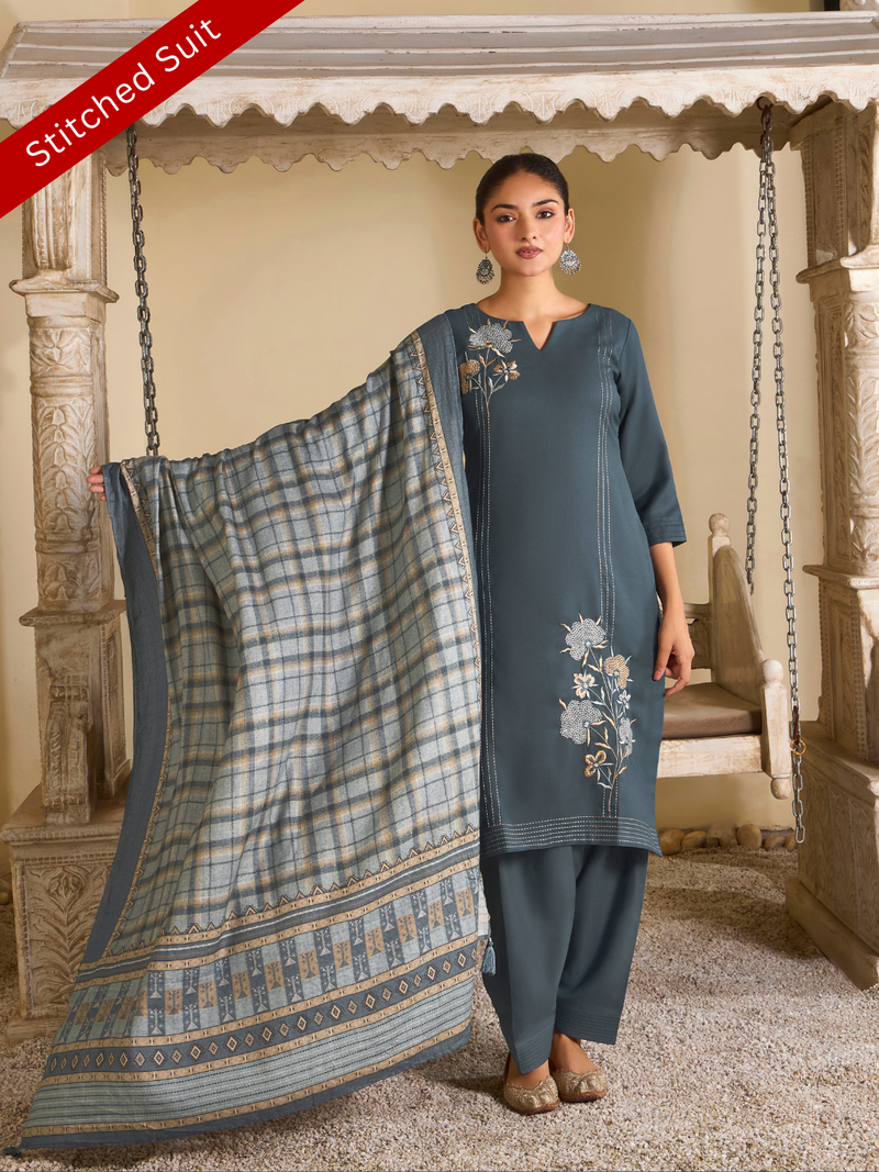 Indian Teal Pashmina Embroidered Stitched Suit Set with Shawl