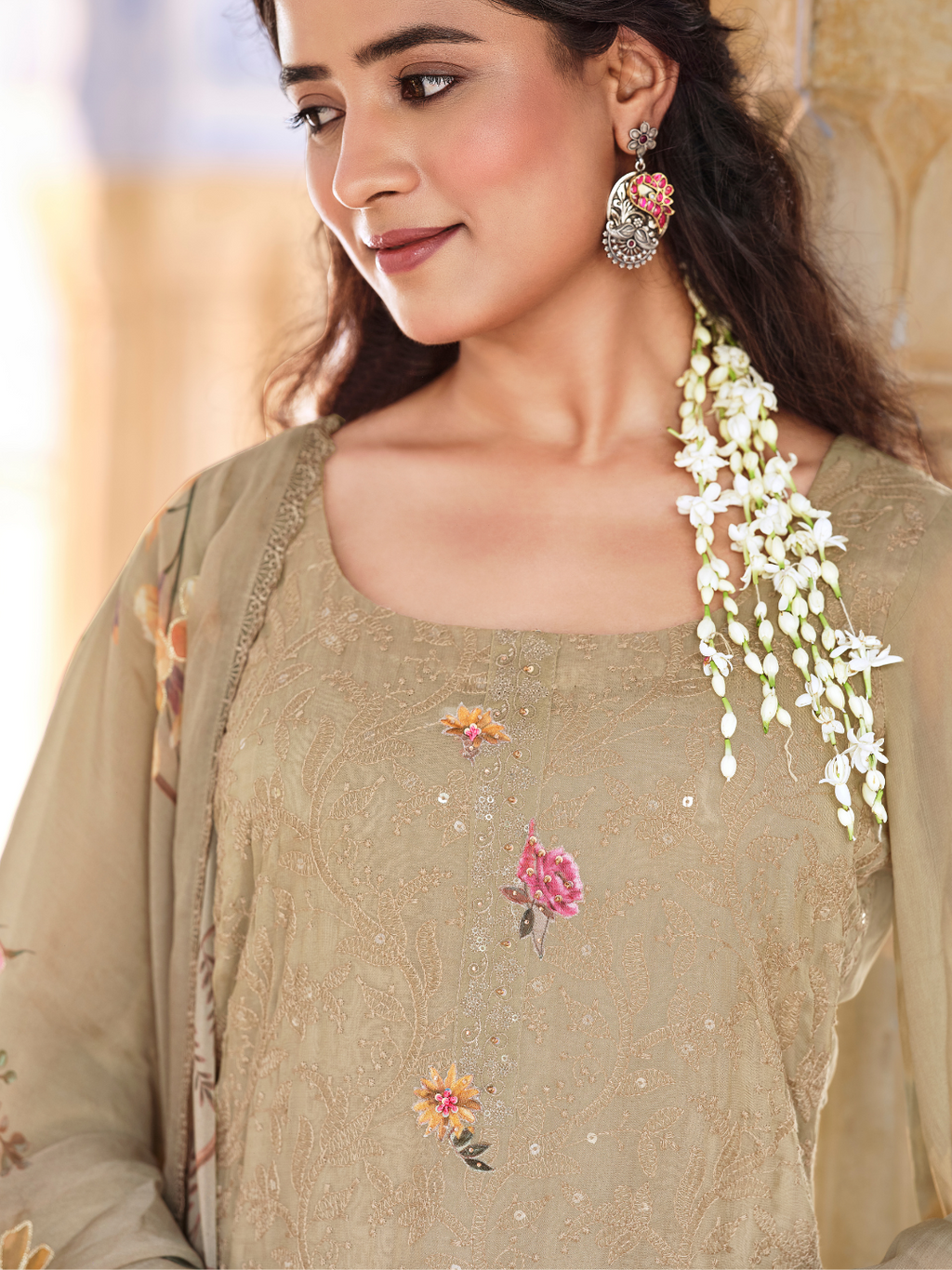 Tortilla Brown Georgette Chikankari Stitched Suit Set with Patch & Zari Work