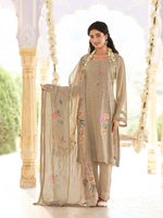 Tortilla Brown Georgette Chikankari Unstitched Suit Set with Patch & Zari Work