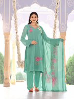 Teal Green Georgette Chikankari Unstitched Suit Set with Patch & Zari Work