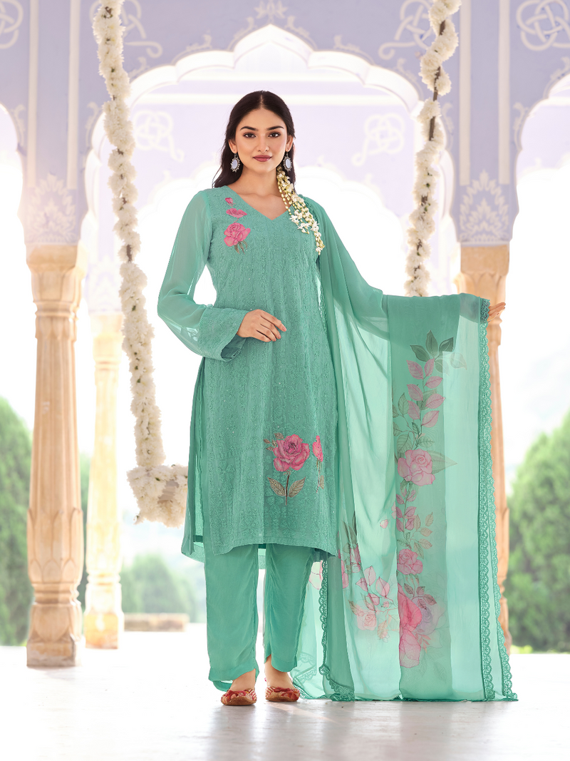 Teal Green Georgette Chikankari Unstitched Suit Set with Patch & Zari Work
