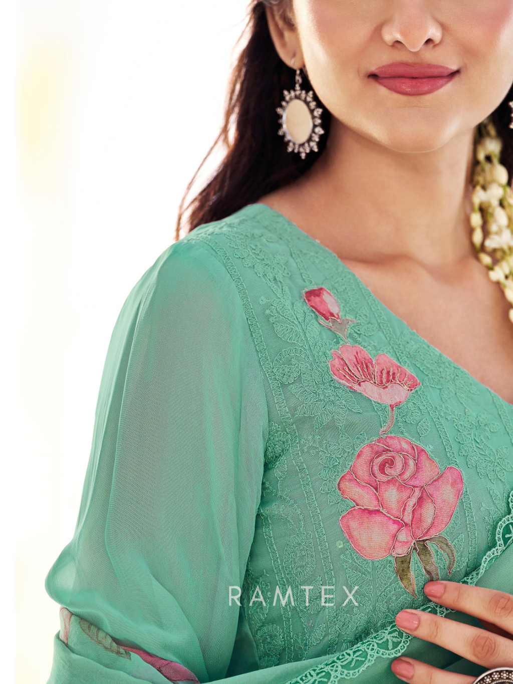 Teal Green Georgette Chikankari Unstitched Suit Set with Patch & Zari Work