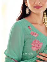 Teal Green Georgette Chikankari Unstitched Suit Set with Patch & Zari Work