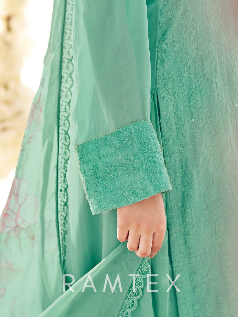 Teal Green Georgette Chikankari Unstitched Suit Set with Patch & Zari Work