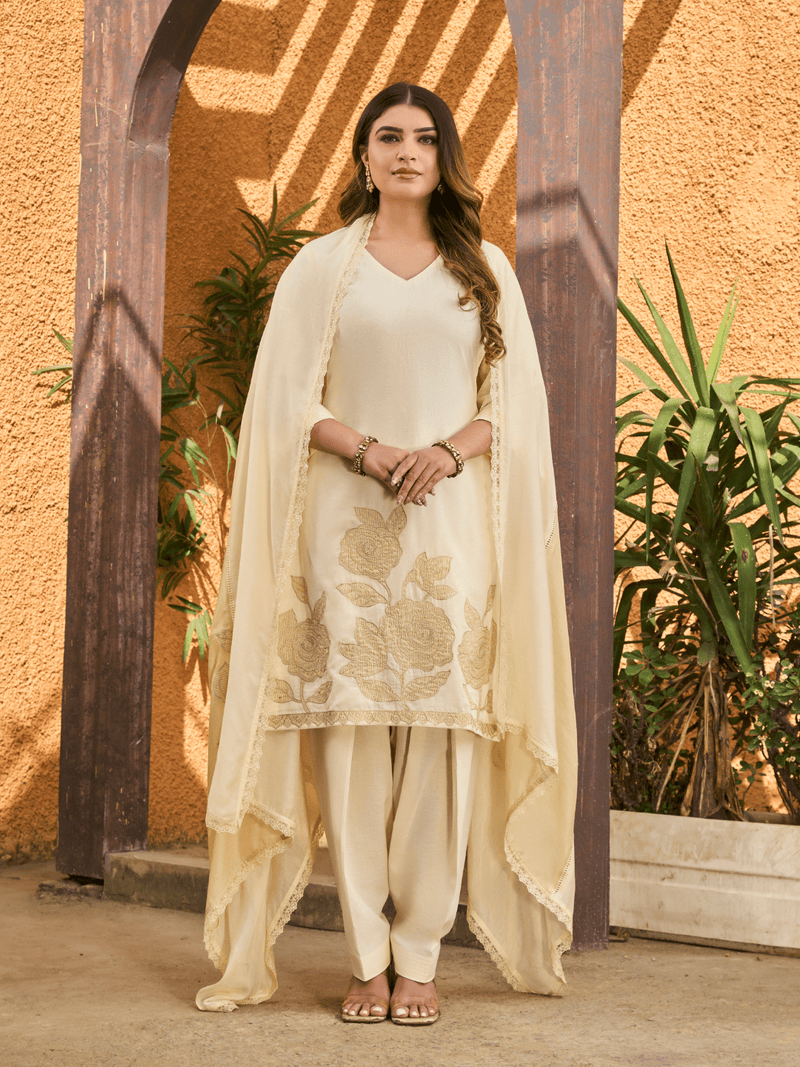 Ivory Linen Patch-Embroidered Unstitched Suit Set – Label Ramtex