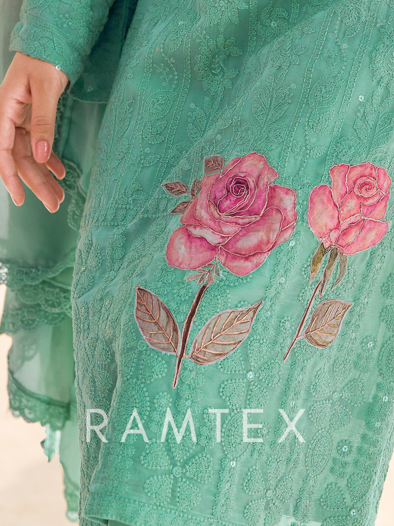 Teal Green Georgette Chikankari Unstitched Suit Set with Patch & Zari Work