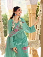 Teal Green Georgette Chikankari Unstitched Suit Set with Patch & Zari Work