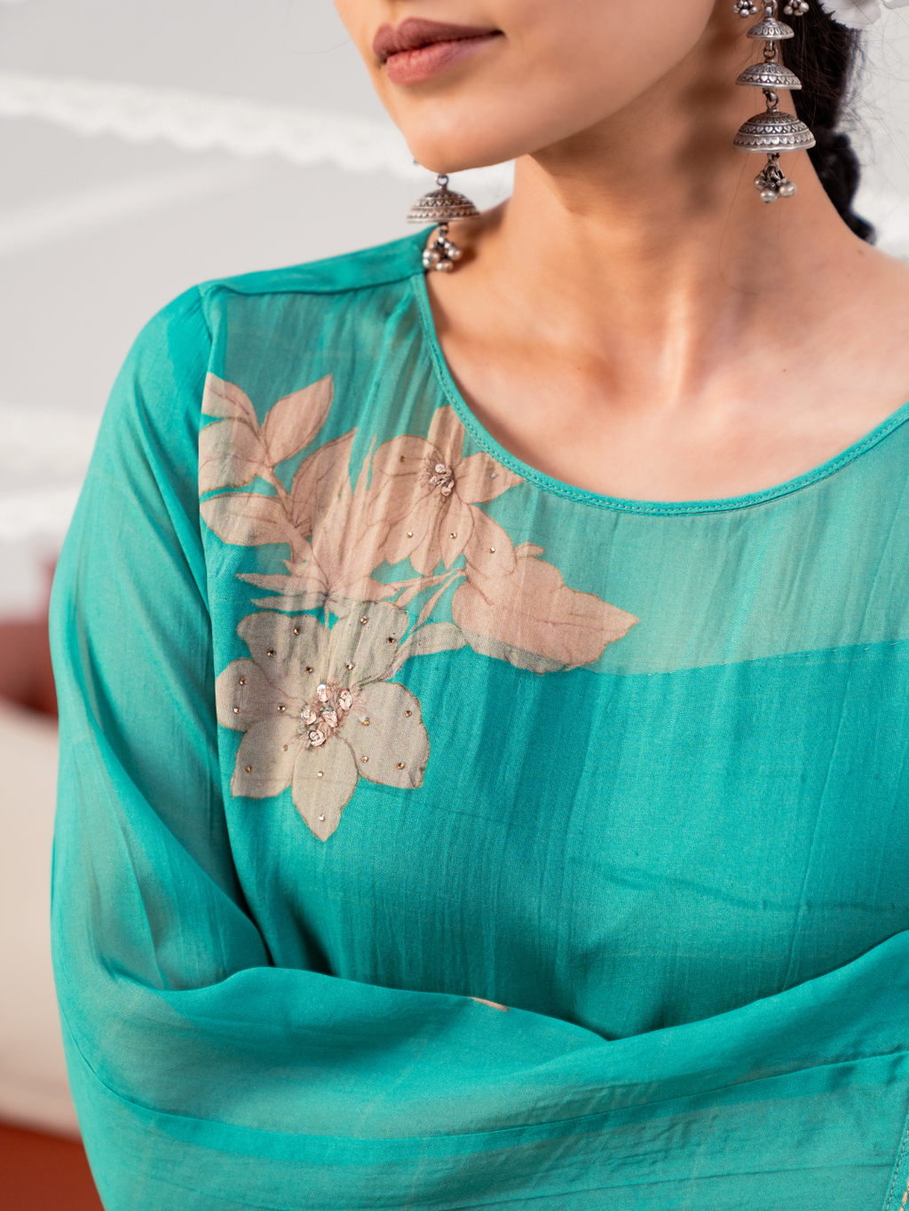 Teal Green Organza Printed Handwork Unstitched Suit Set