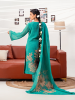 Teal Green Organza Printed Handwork Unstitched Suit Set