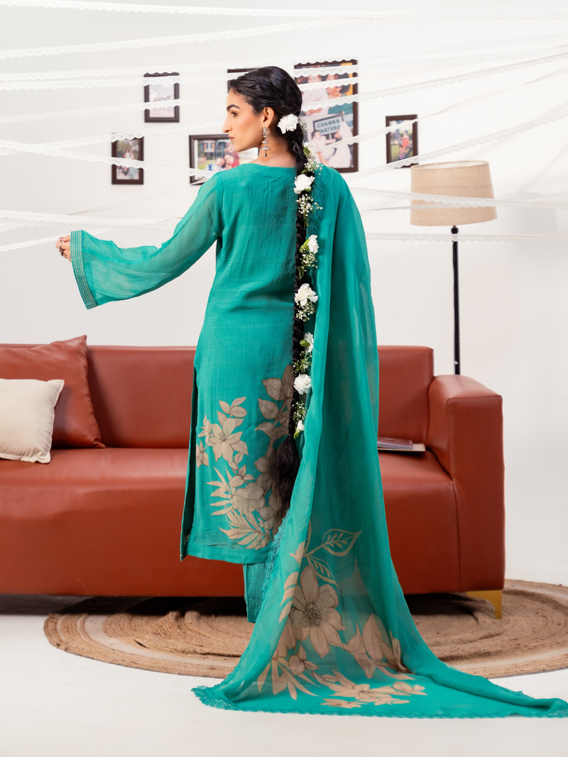 Teal Green Organza Printed Handwork Unstitched Suit Set