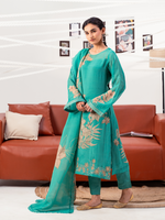 Teal Green Organza Printed Handwork Unstitched Suit Set