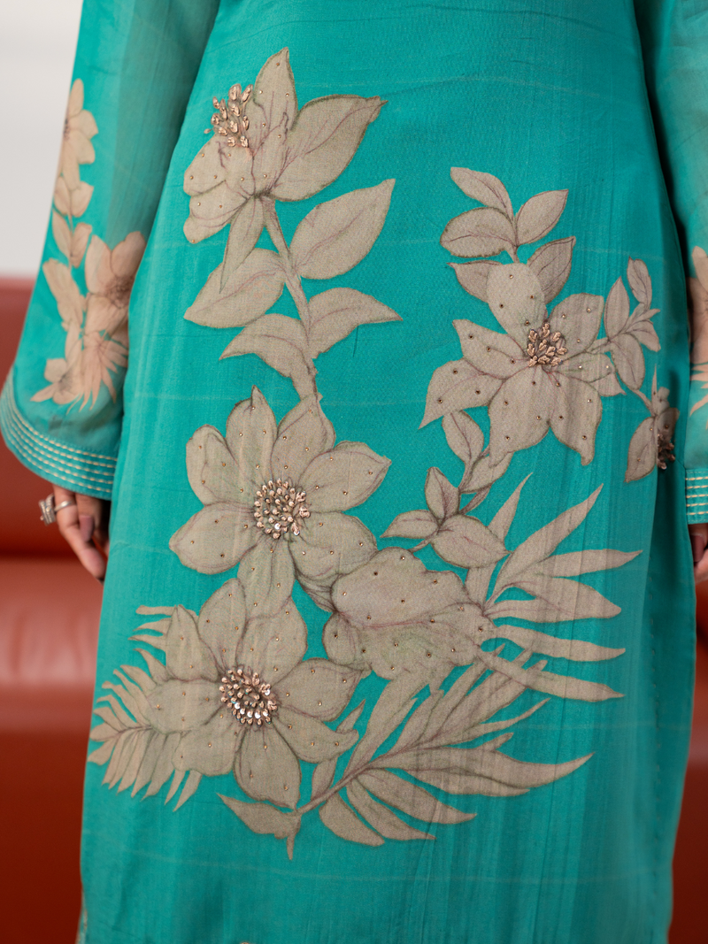 Teal Green Organza Printed Handwork Unstitched Suit Set