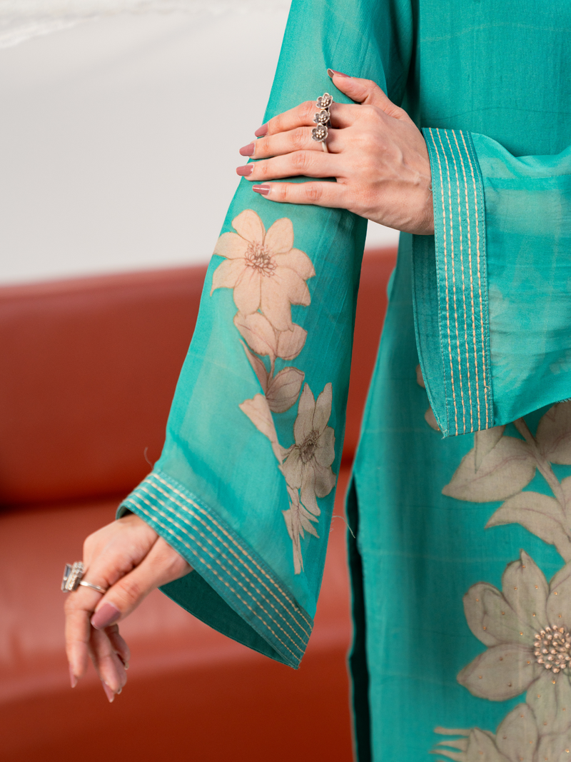 Teal Green Organza Printed Handwork Unstitched Suit Set