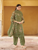 Green Organza Printed & Sequin-Embroidered Unstitched Suit Set