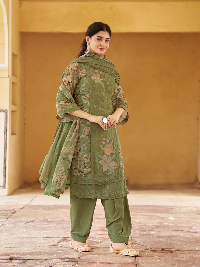 Green Organza Printed & Sequin-Embroidered Unstitched Suit Set