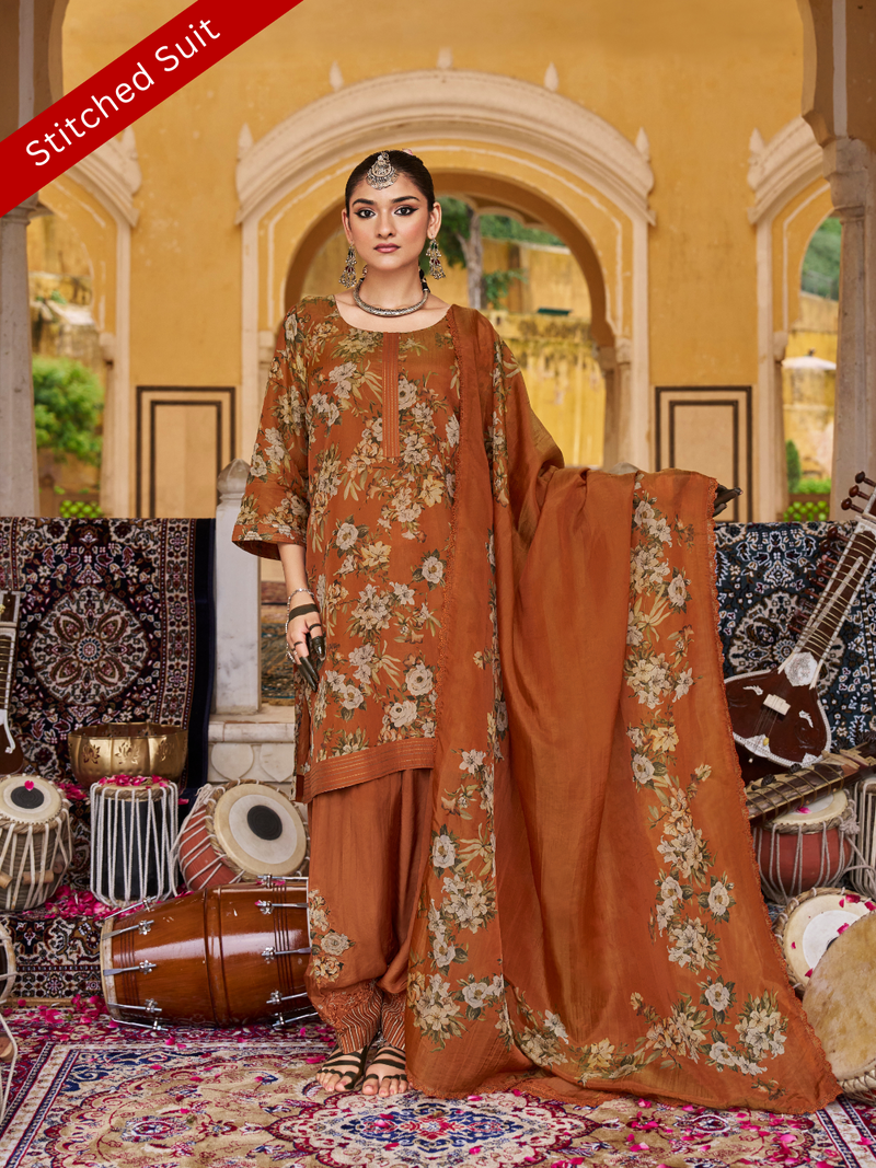 Rust Printed Tissue Organza Stitched Suit Set with Zari and Intricate Embroidery