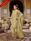 Beige Printed Tissue Organza Stitched Suit Set with Zari and Intricate Embroidery