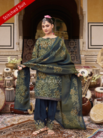 Deep Blue Printed Tissue Organza Stitched Suit Set with Zari and Intricate Embroidery