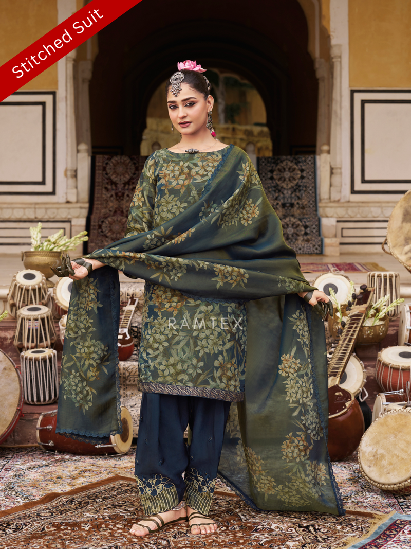 Deep Blue Printed Tissue Organza Stitched Suit Set with Zari and Intricate Embroidery