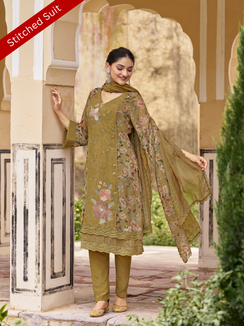 Olive Organza Printed & Sequin-Embroidered Stitched Suit Set