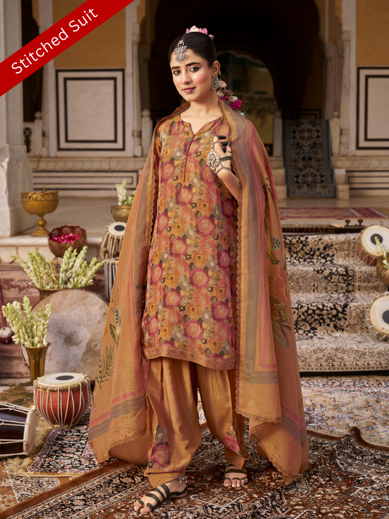 Tangerine Printed Tissue Organza Stitched Suit Set with Zari and Intricate Embroidery