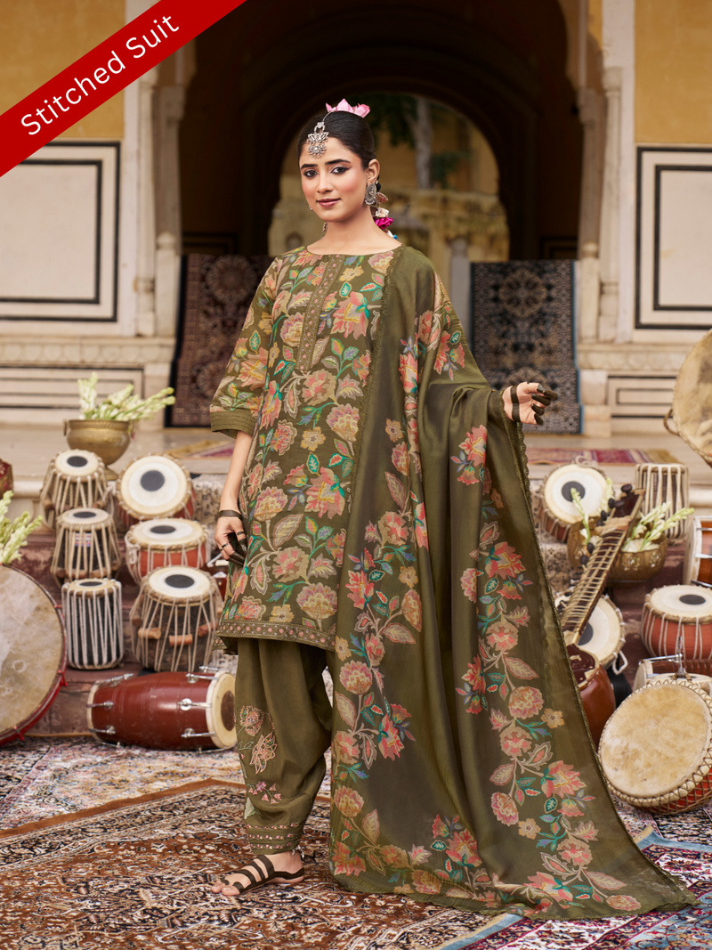 Olive Printed Tissue Organza Stitched Suit Set with Zari and Intricate Embroidery