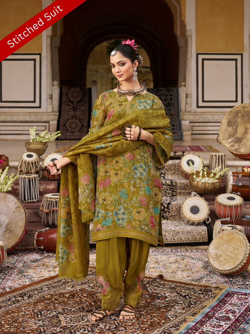 Mustard Printed Tissue Organza Stitched Suit Set with Zari and Intricate Embroidery
