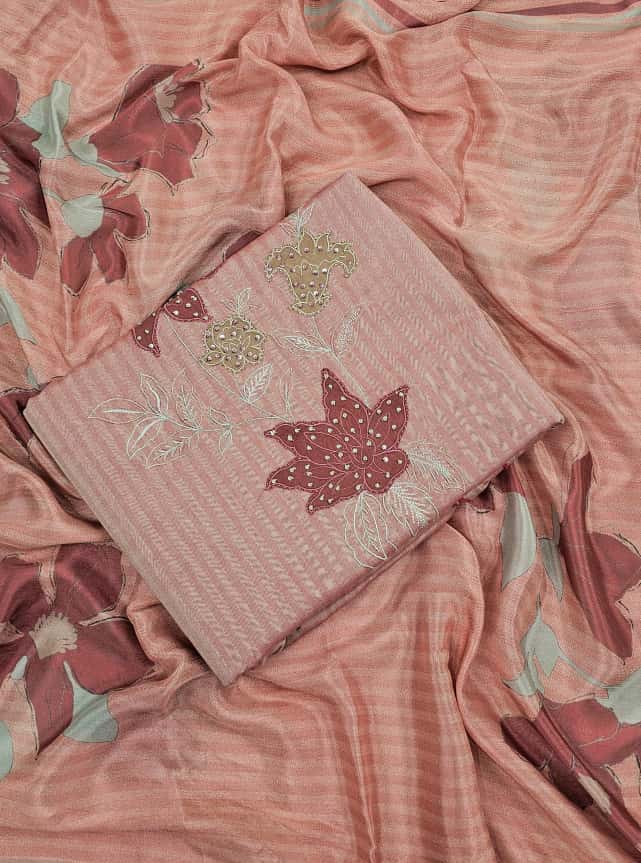 Seafoam Printed Cottswool Patch & Hand-Embroidered Unstitched Suit Set