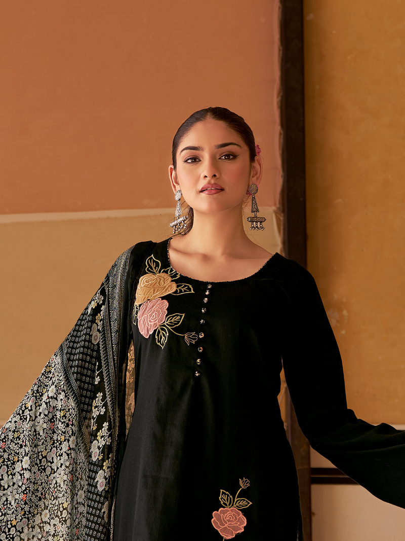 Black Printed Patchwork Handwork Unstitched Suit Set