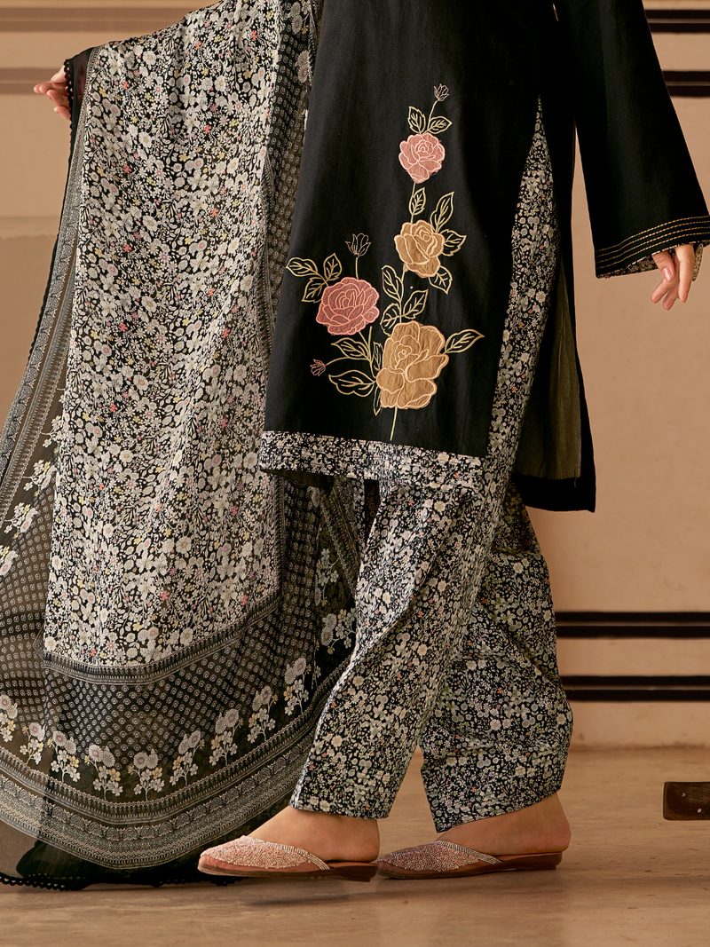 Black Printed Patchwork Handwork Unstitched Suit Set