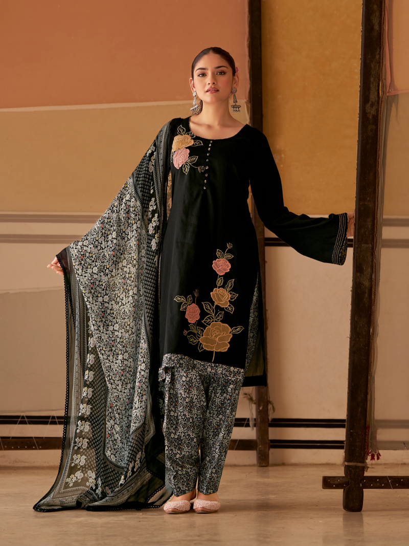 Black Printed Patchwork Handwork Unstitched Suit Set