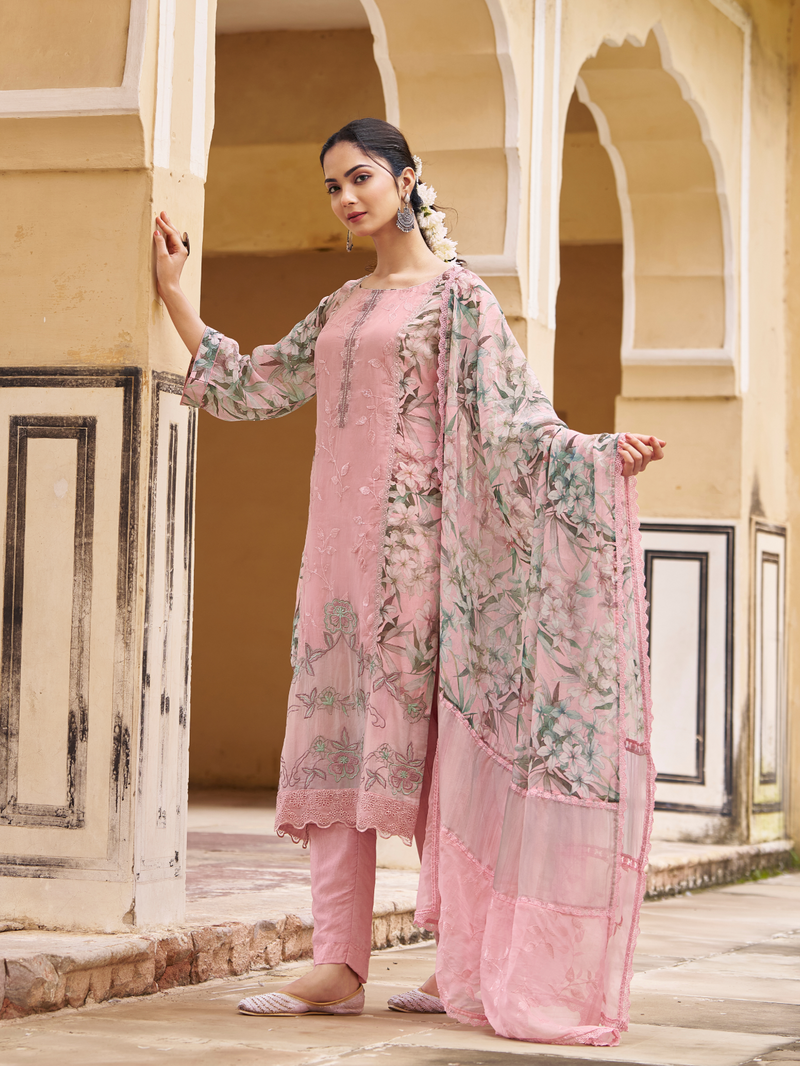 Pink Organza Printed & Sequin-Embroidered Unstitched Suit Set