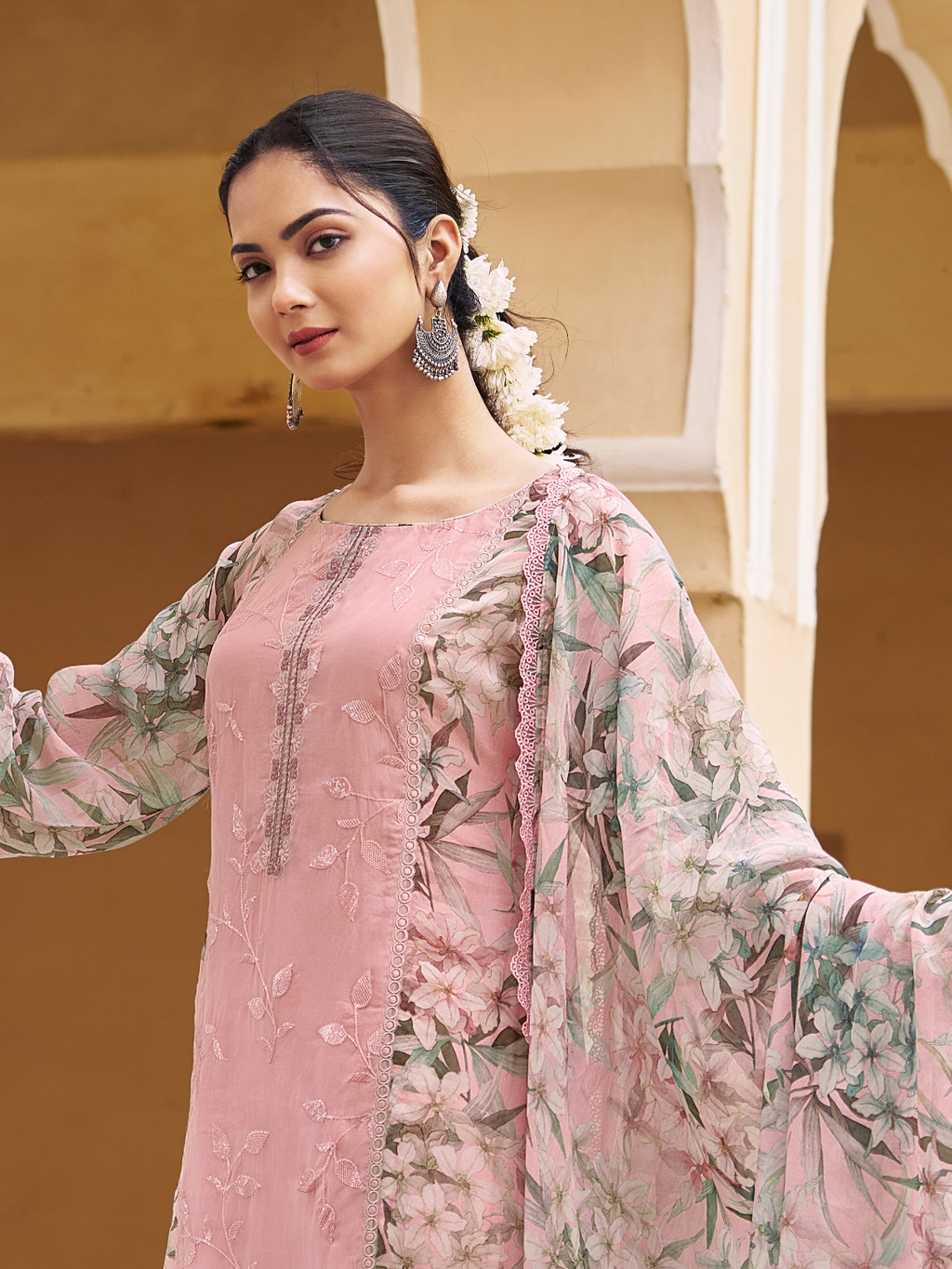 Pink Organza Printed & Sequin-Embroidered Unstitched Suit Set