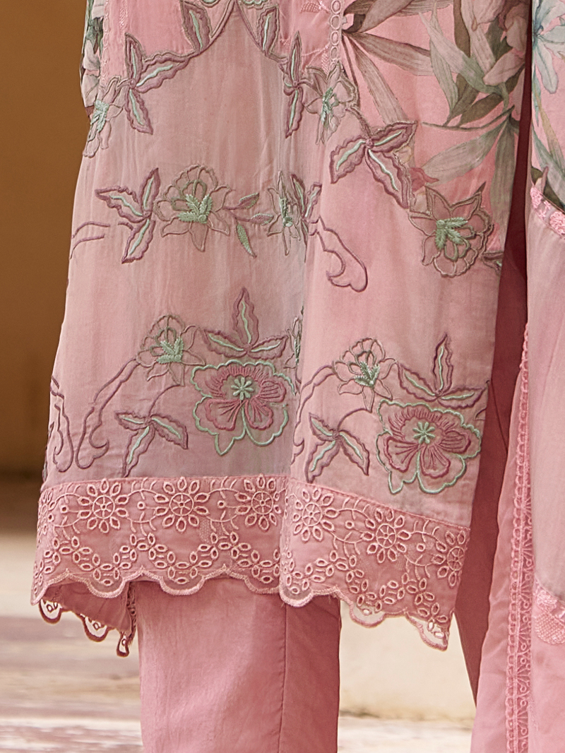 Pink Organza Printed & Sequin-Embroidered Unstitched Suit Set