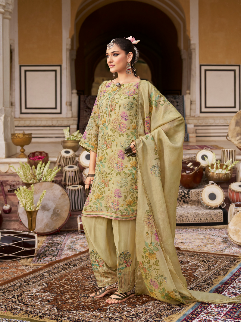 Beige Printed Tissue Organza Unstitched Suit Set with Zari and Intricate Embroidery