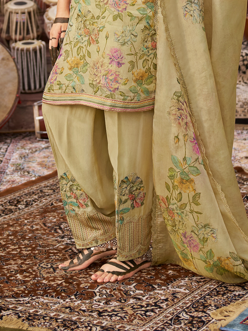 Beige Printed Tissue Organza Unstitched Suit Set with Zari and Intricate Embroidery
