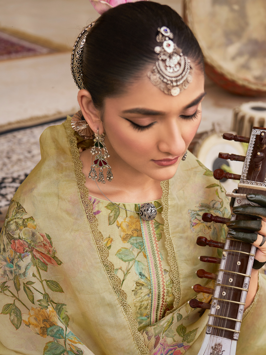 Beige Printed Tissue Organza Unstitched Suit Set with Zari and Intricate Embroidery