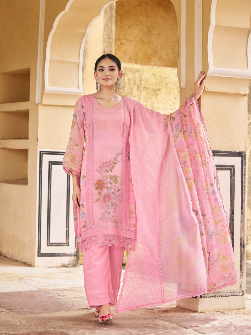 Blush Pink Organza Printed & Sequin-Embroidered Unstitched Suit Set