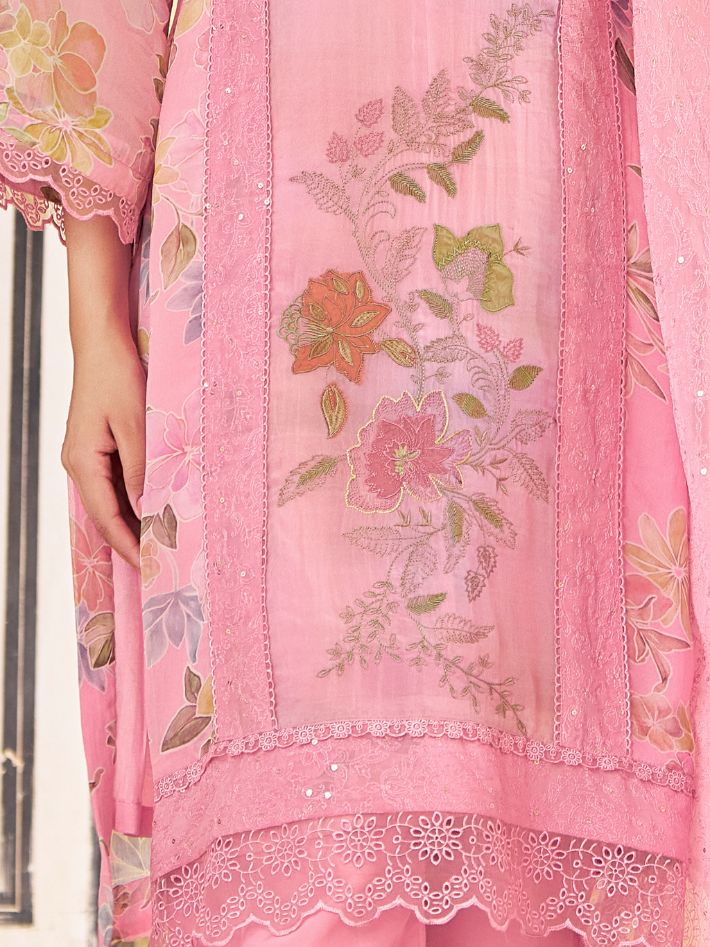 Blush Pink Organza Printed & Sequin-Embroidered Unstitched Suit Set