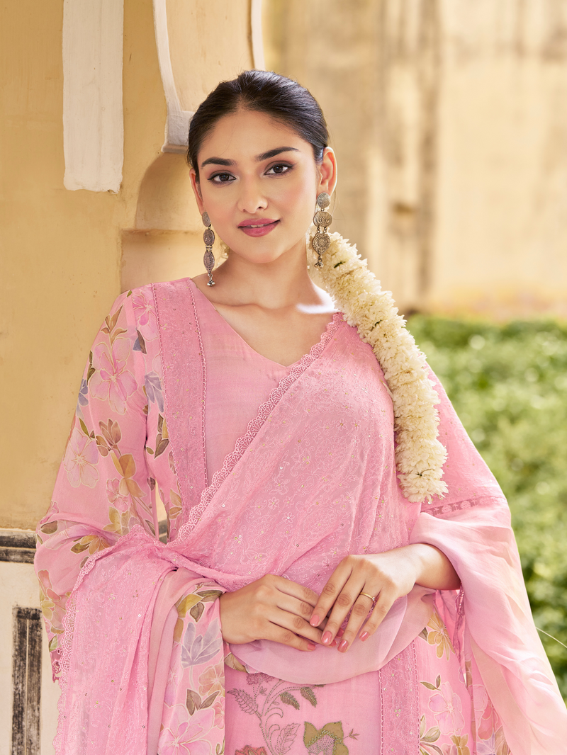 Blush Pink Organza Printed & Sequin-Embroidered Unstitched Suit Set