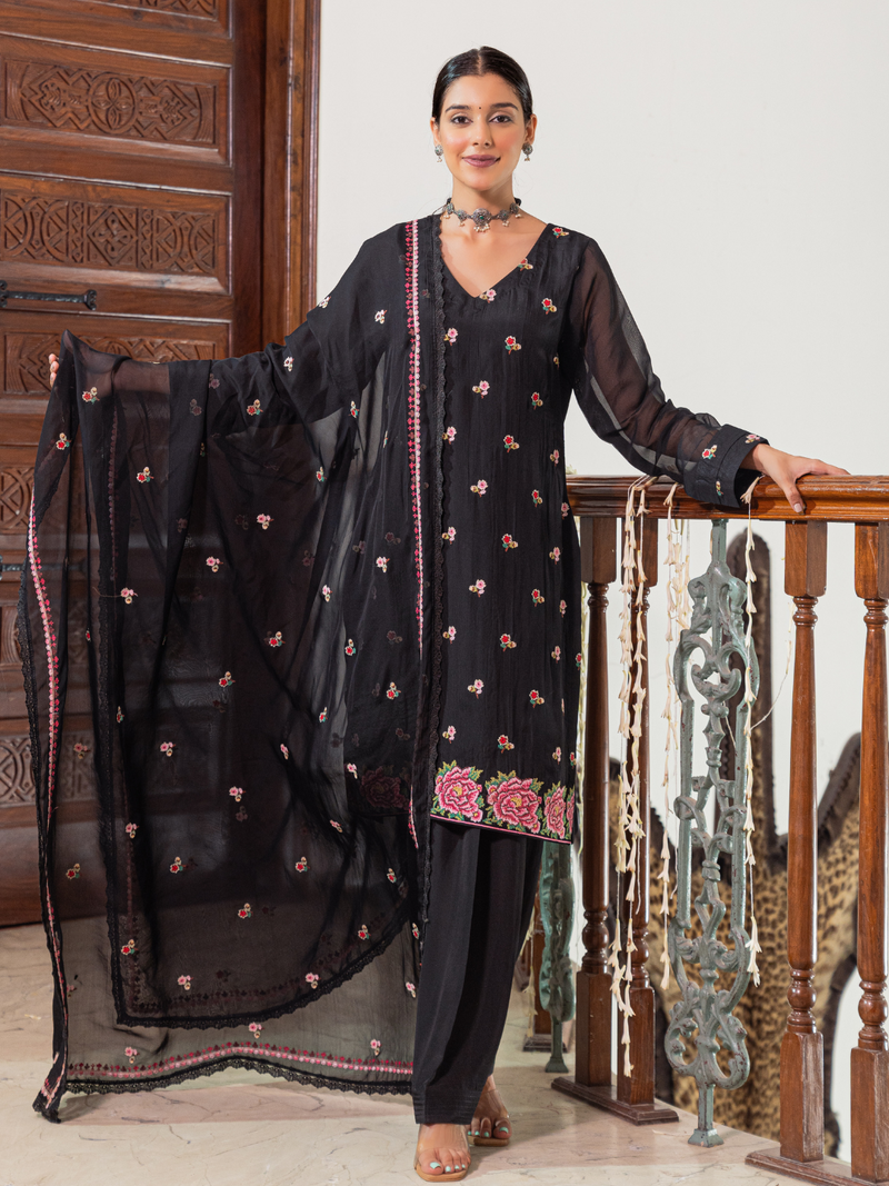 Black Organza Unstitched Suit Multi-Thread Embroidery & Bottom Work
