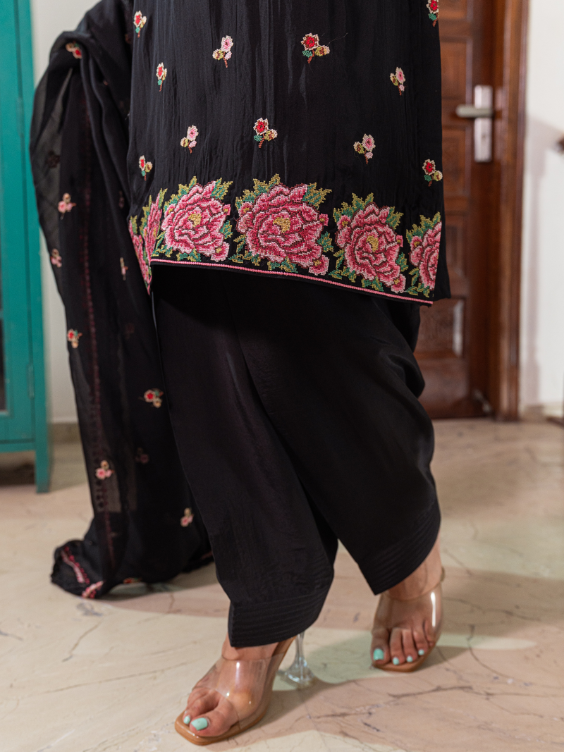 Black Organza Unstitched Suit Multi-Thread Embroidery & Bottom Work
