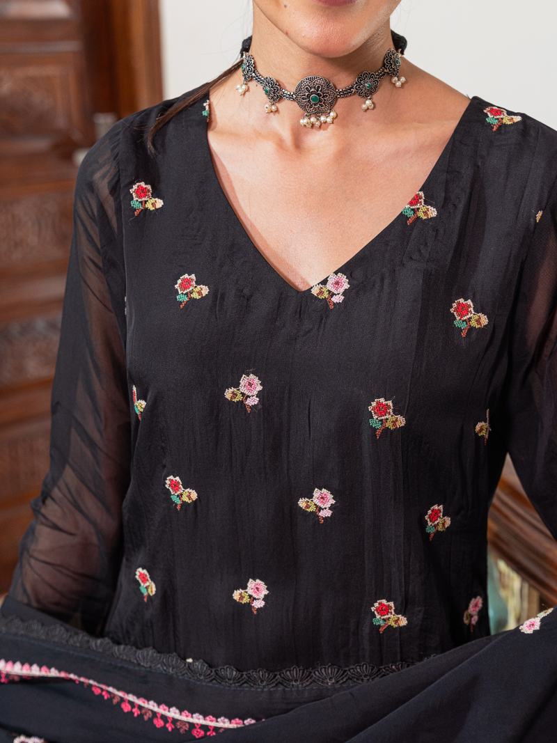 Black Organza Unstitched Suit Multi-Thread Embroidery & Bottom Work