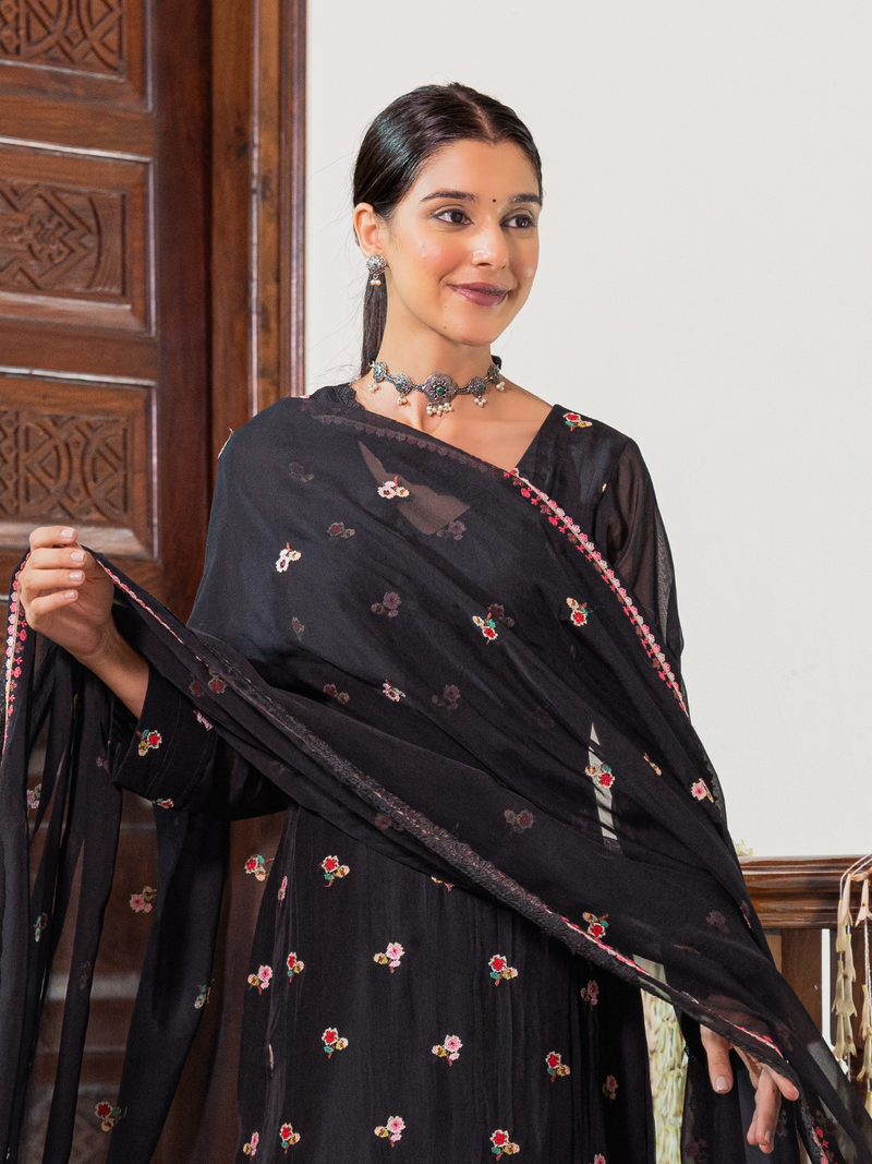 Black Organza Unstitched Suit Multi-Thread Embroidery & Bottom Work