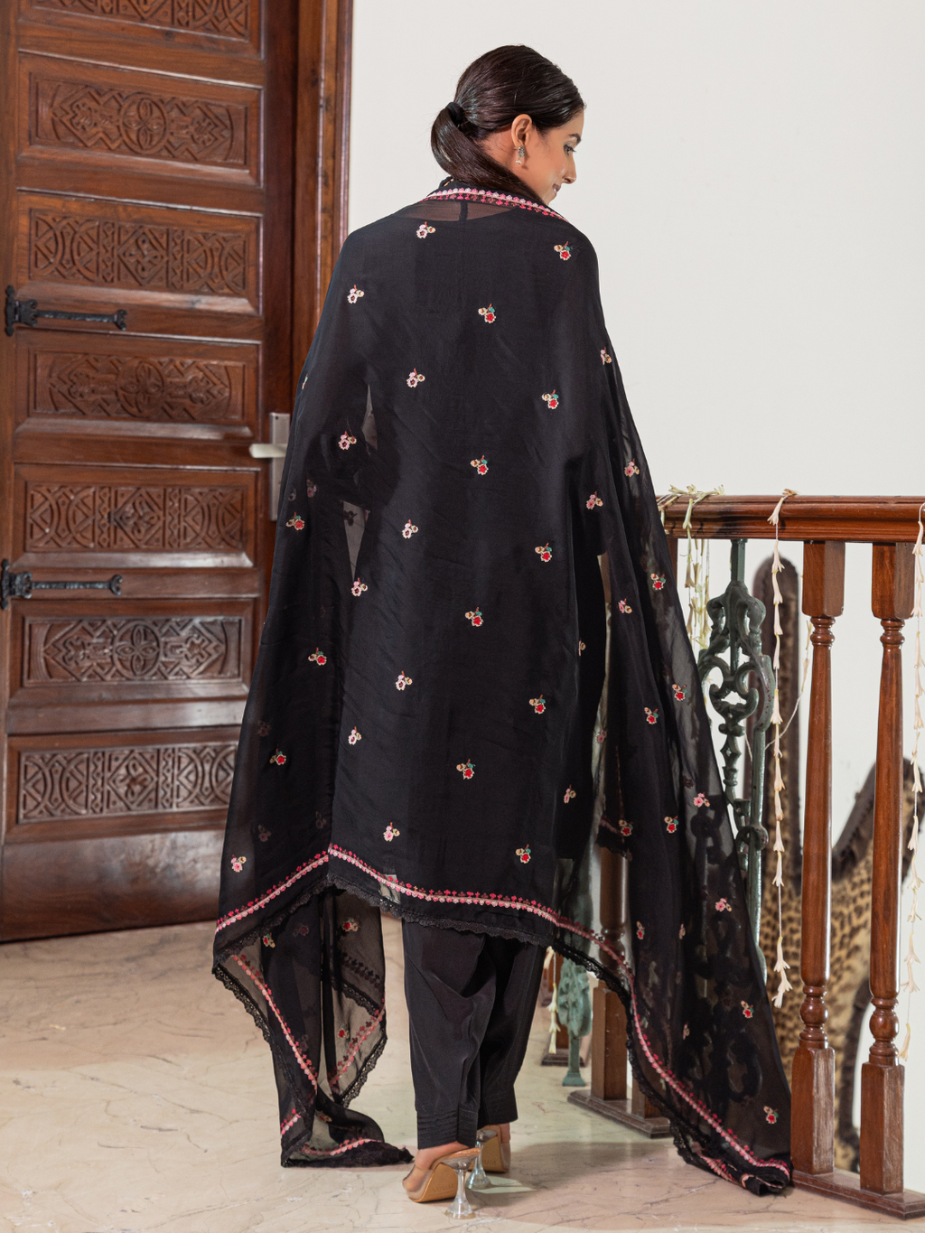 Black Organza Unstitched Suit Multi-Thread Embroidery & Bottom Work