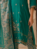 Teal Green Printed Handwork Unstitched Suit Set