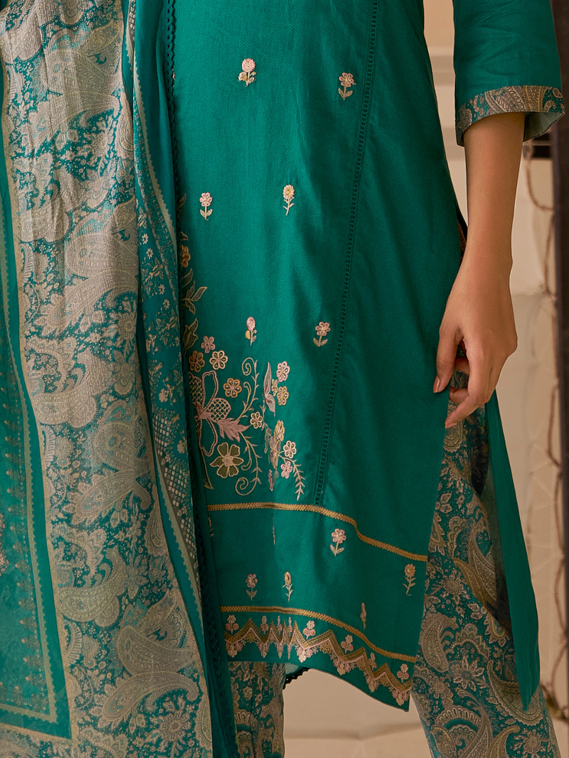 Teal Green Printed Handwork Unstitched Suit Set