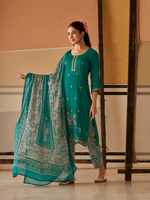 Teal Green Printed Handwork Unstitched Suit Set