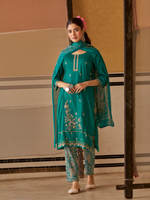 Teal Green Printed Handwork Unstitched Suit Set