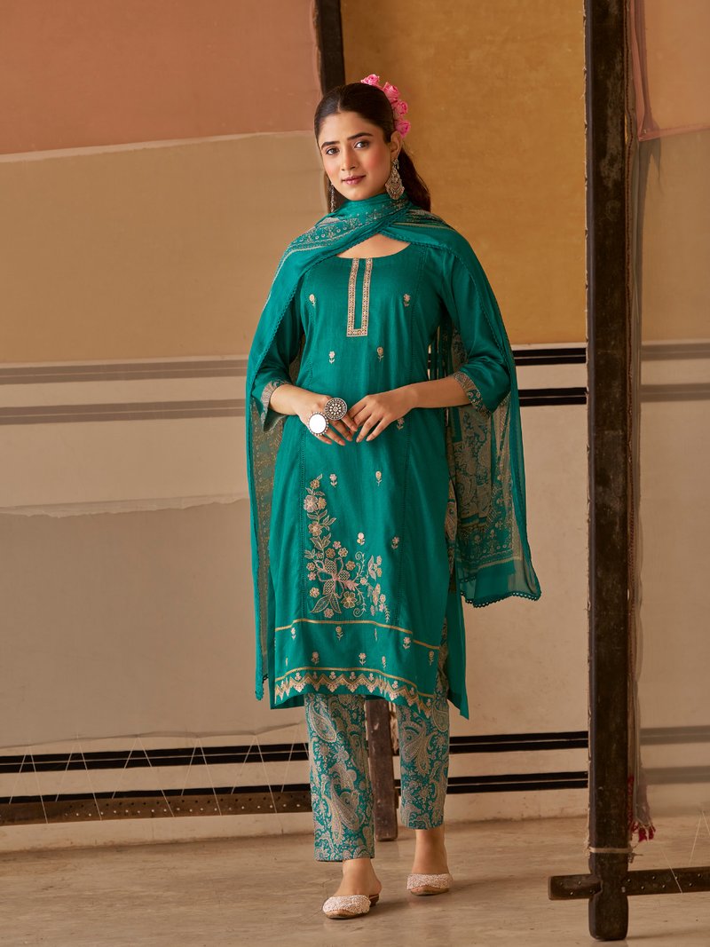 Teal Green Printed Handwork Unstitched Suit Set